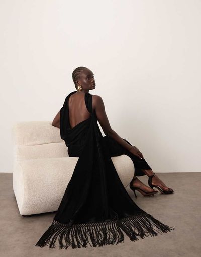 ARRANGE ARRANGE scarf neck draped velvet maxi dress with low back and train in black