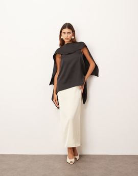 ARRANGE ARRANGE scarf neck square cut column midi dress in black and cream color block-Multi