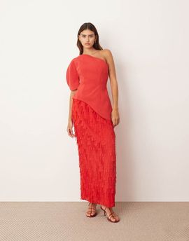 ARRANGE ARRANGE sculptural one shoulder textured hybrid maxi dress in red