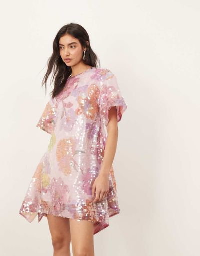 ARRANGE ARRANGE sequin asymmetric trapeze mini dress in floral print-Multi