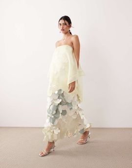 ARRANGE ARRANGE sequin embellished strapless maxi dress with overlayer in buttermilk-Yellow