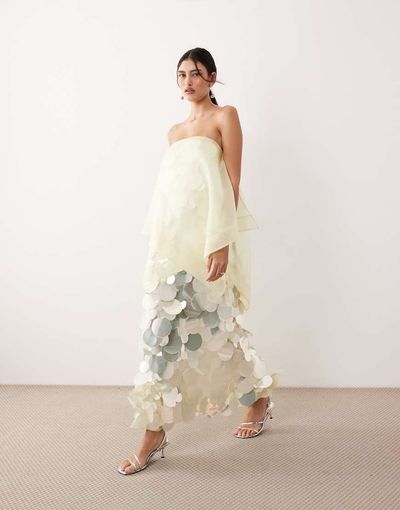 ARRANGE ARRANGE sequin embellished strapless maxi dress with overlayer in buttermilk-Yellow