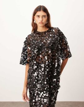 ARRANGE ARRANGE sheer grid sequin tee in black - part of a set