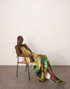 ARRANGE ARRANGE sheer paneled bias cut maxi dress in marble print-Multi