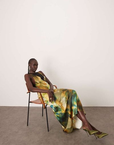 ARRANGE ARRANGE sheer paneled bias cut maxi dress in marble print-Multi