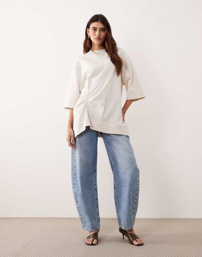 ARRANGE ARRANGE side ruched detail oversized tee in ecru-White