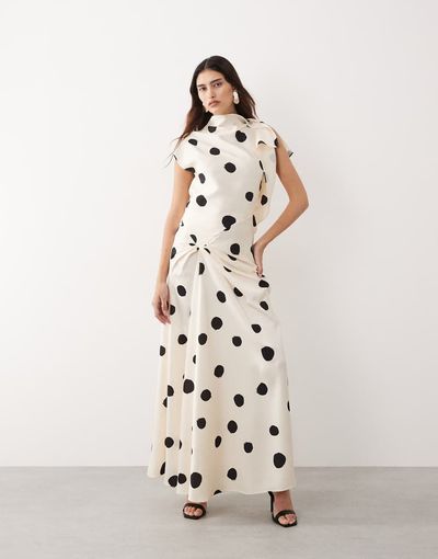 ARRANGE ARRANGE split shoulder draped maxi dress in polka-dot print-Multi