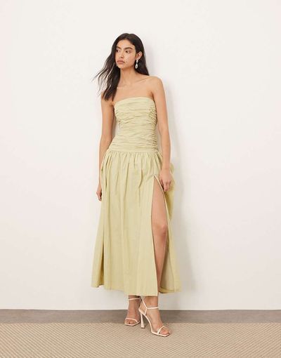 ARRANGE ARRANGE square cut bandeau midi dress in light olive-Green
