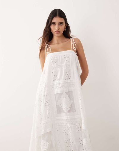ARRANGE ARRANGE square cut embroidered midi dress in white