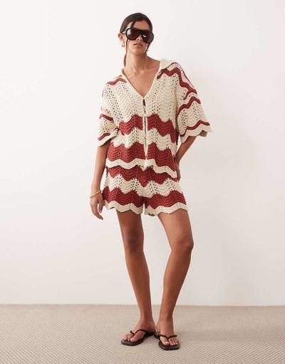 ARRANGE ARRANGE stripe crochet shorts in rust and beige - part of a set-Red