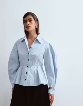 ARRANGE ARRANGE structured collared peplum shirt with contrast buttons in pale blue