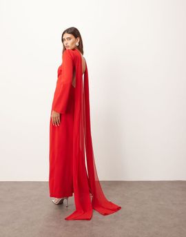 ARRANGE ARRANGE structured crepe long sleeve maxi dress with chiffon overlay in red