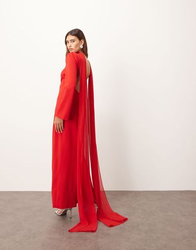 ARRANGE ARRANGE structured crepe long sleeve maxi dress with chiffon overlay in red