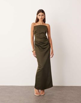 ARRANGE ARRANGE structured satin bandeau maxi dress in olive-Green