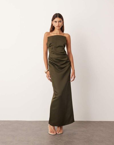 ARRANGE ARRANGE structured satin bandeau maxi dress in olive-Green