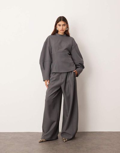 ARRANGE ARRANGE tailored pleated detail wide leg barrel pants in gray - part of a set