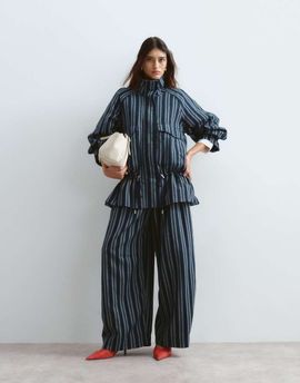 ARRANGE ARRANGE textured barrel leg pants in navy striped print - part of a set-Multi