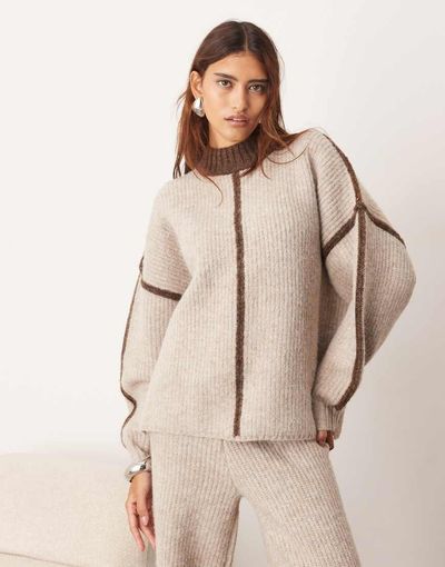 ARRANGE ARRANGE thick rib knit high neck sweater in oatmeal and chocolate - part of a set-Neutral