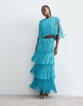 ARRANGE ARRANGE tiered fringe fitted maxi skirt co ord in blue