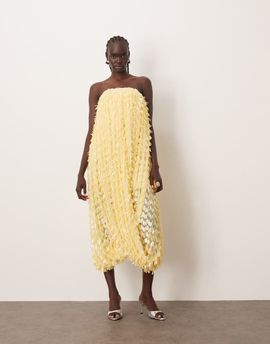 ARRANGE ARRANGE twisted drape bandeau midi dress in sequin fringe in buttermilk-Yellow