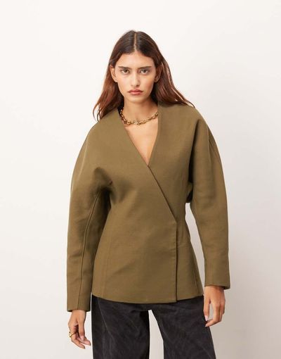 ARRANGE ARRANGE ultimate heavy twill cinched waist sculpted blazer in olive-Green
