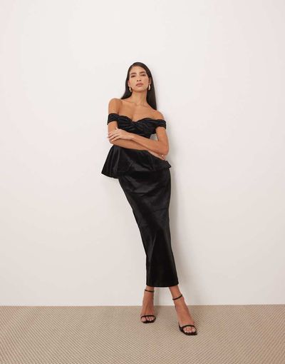 ARRANGE ARRANGE velvet off shoulder maxi dress with ruched bodice and column skirt in black