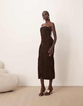 ARRANGE ARRANGE velvet rouleau embroidered bandeau midi dress in brown