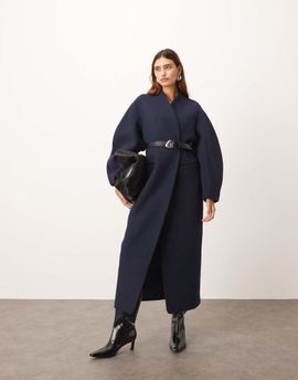 ARRANGE ARRANGE wool mix cinched waist ovoid sleeves coat in navy