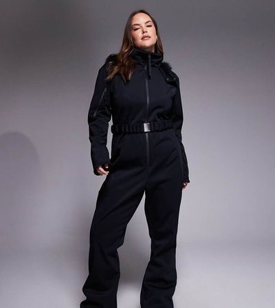 ASOS 4505 Ski & Snow ASOS 4505 Curve Ski soft shell belted ski suit with slim kick leg and faux fur hood in black