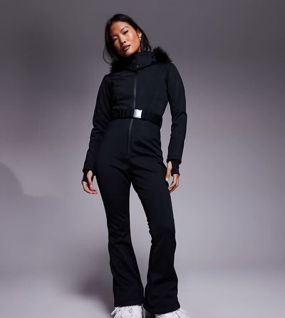 ASOS 4505 Ski & Snow ASOS 4505 Petite Ski soft shell belted ski suit with slim kick leg and faux fur hood in black