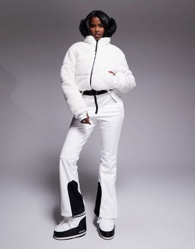 ASOS 4505 Ski & Snow ASOS 4505 Ski soft shell and faux fur belted slim kick ski suit in white