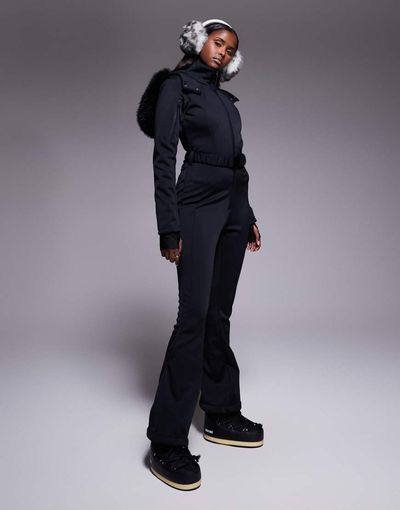 ASOS 4505 Ski & Snow ASOS 4505 Ski soft shell belted ski suit with slim kick leg and faux fur hood in black