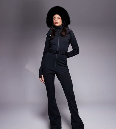 ASOS 4505 Ski & Snow ASOS 4505 Tall Ski soft shell belted ski suit with slim kick leg and faux fur hood in black