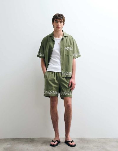 ASOS COLLECTIVE ASOS COLLECTIVE cotton-linen blend embroidered shorts in khaki green - part of a set