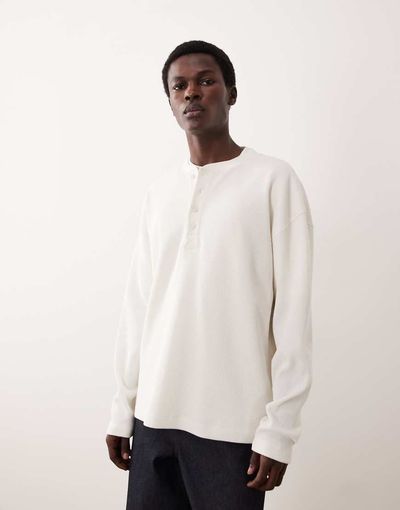 ASOS COLLECTIVE ASOS COLLECTIVE super heavyweight oversized boxy long sleeve waffle knit henley t-shirt in cream-White