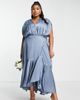 ASOS Curve ASOS DESIGN Bridesmaid Curve satin wrap midi dress with ruched detail in dusky blue - 1
