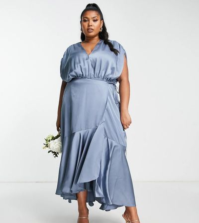 ASOS Curve ASOS DESIGN Bridesmaid Curve satin wrap midi dress with ruched detail in dusky blue