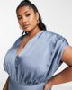 ASOS Curve ASOS DESIGN Bridesmaid Curve satin wrap midi dress with ruched detail in dusky blue - 3