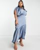 ASOS Curve ASOS DESIGN Bridesmaid Curve satin wrap midi dress with ruched detail in dusky blue - 4