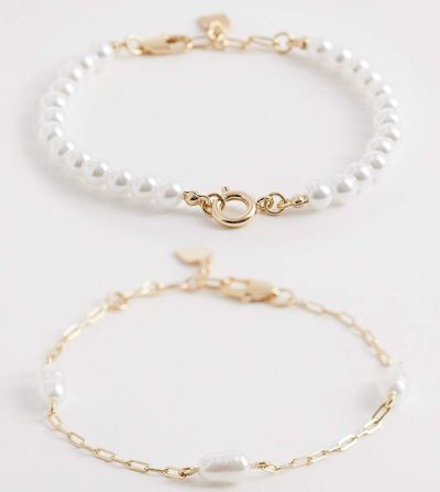 ASOS Curve ASOS DESIGN Curve 2-pack bracelets with faux pearl design in gold tone