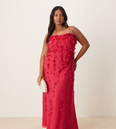 ASOS Curve ASOS DESIGN Curve 3D flower cami straps maxi dress in pink