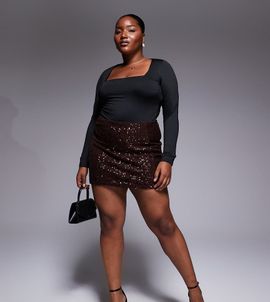 ASOS Curve ASOS DESIGN Curve all-over sequin mini skirt in chocolate-Brown