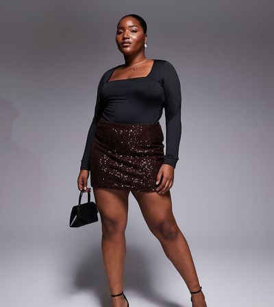 ASOS Curve ASOS DESIGN Curve all-over sequin mini skirt in chocolate-Brown