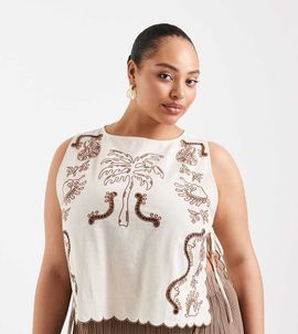 ASOS Curve ASOS DESIGN Curve Angie Palm beach tropical embroidered tie side tank in stone-Neutral