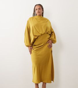 ASOS Curve ASOS DESIGN Curve asymmetric bodice midaxi dress with blouson sleeves in olive green-Blue