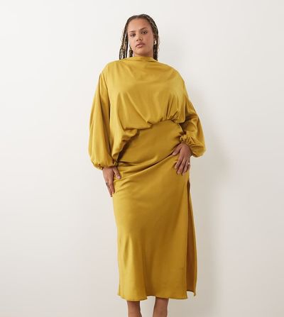 ASOS Curve ASOS DESIGN Curve asymmetric bodice midaxi dress with blouson sleeves in olive green-Blue