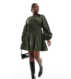 ASOS Curve ASOS DESIGN Curve asymmetric seamed ruched mini dress in dark green-Multi