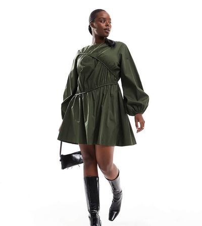 ASOS Curve ASOS DESIGN Curve asymmetric seamed ruched mini dress in dark green-Multi
