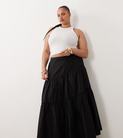 ASOS Curve ASOS DESIGN Curve asymmetric tiered boho maxi skirt in black