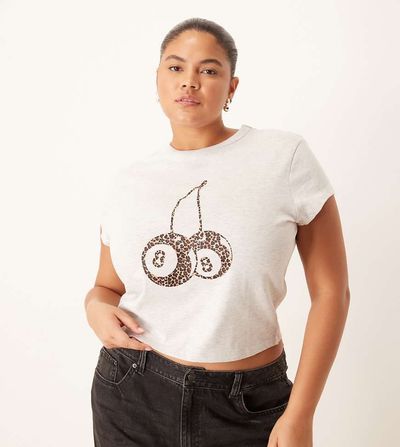 ASOS Curve ASOS DESIGN Curve baby tee with leopard print cherry graphic in ice heather-Gray